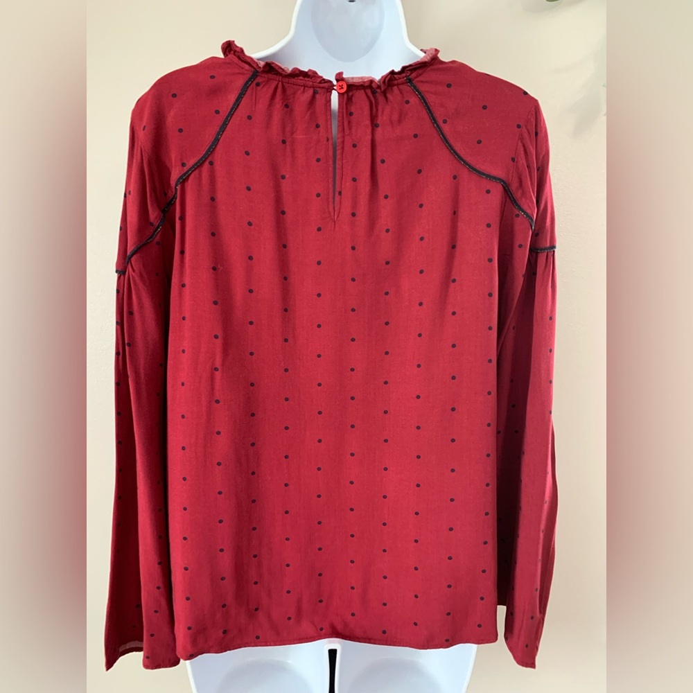 Crown & Ivy Maroon Blouse with Navy Dots and Trim - Picture 14 of 16